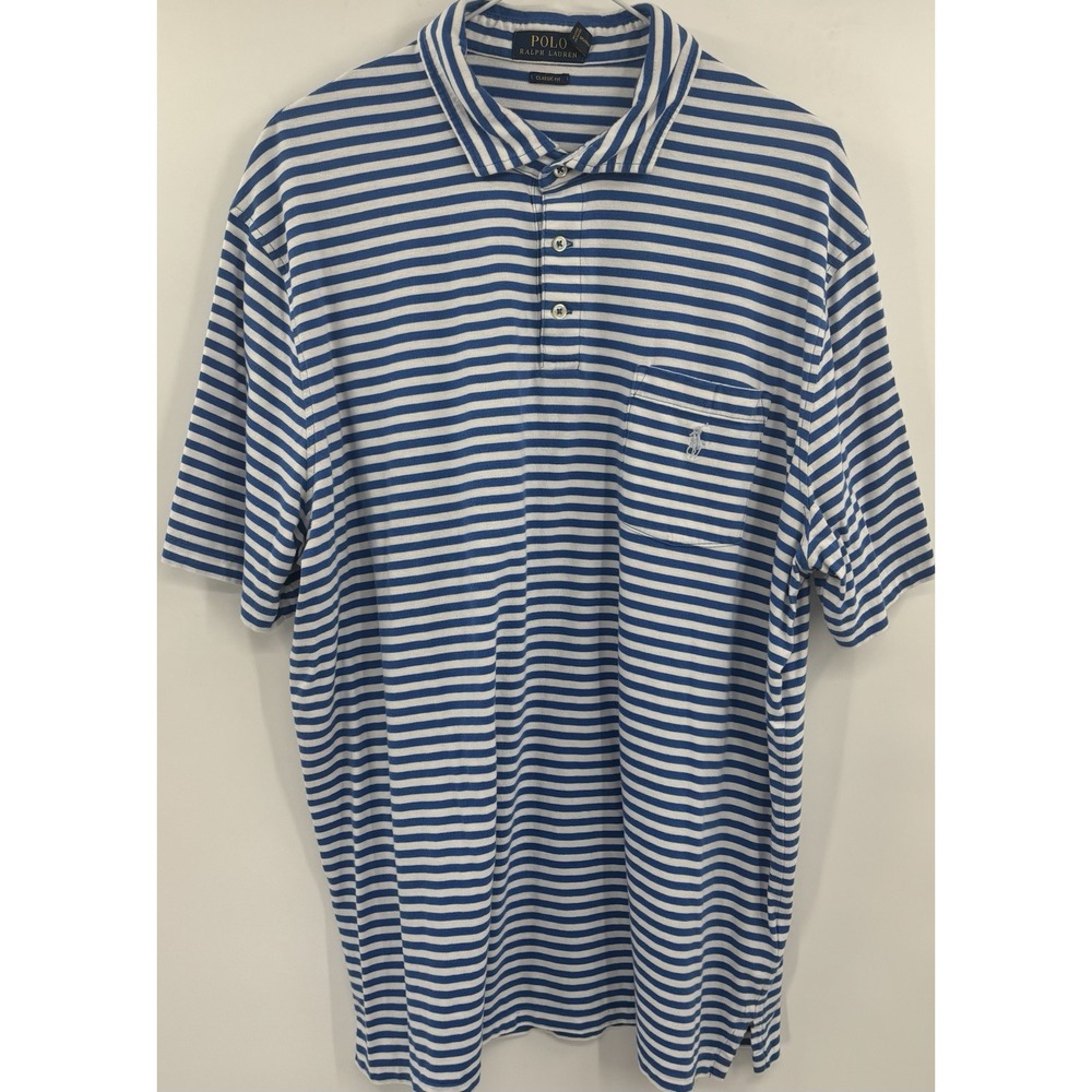 Polo Ralph Lauren Mens XL Classic Fit Blue/White Striped 100% Cotton Pocket Polo
